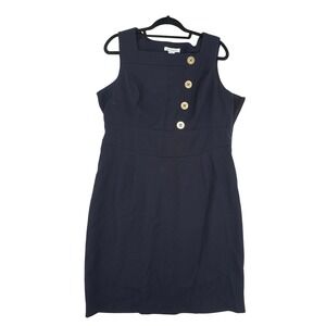 Liz‎ Claiborne Navy Blue Sleeveless Sheath Dress Gold Button Detail Womens 14